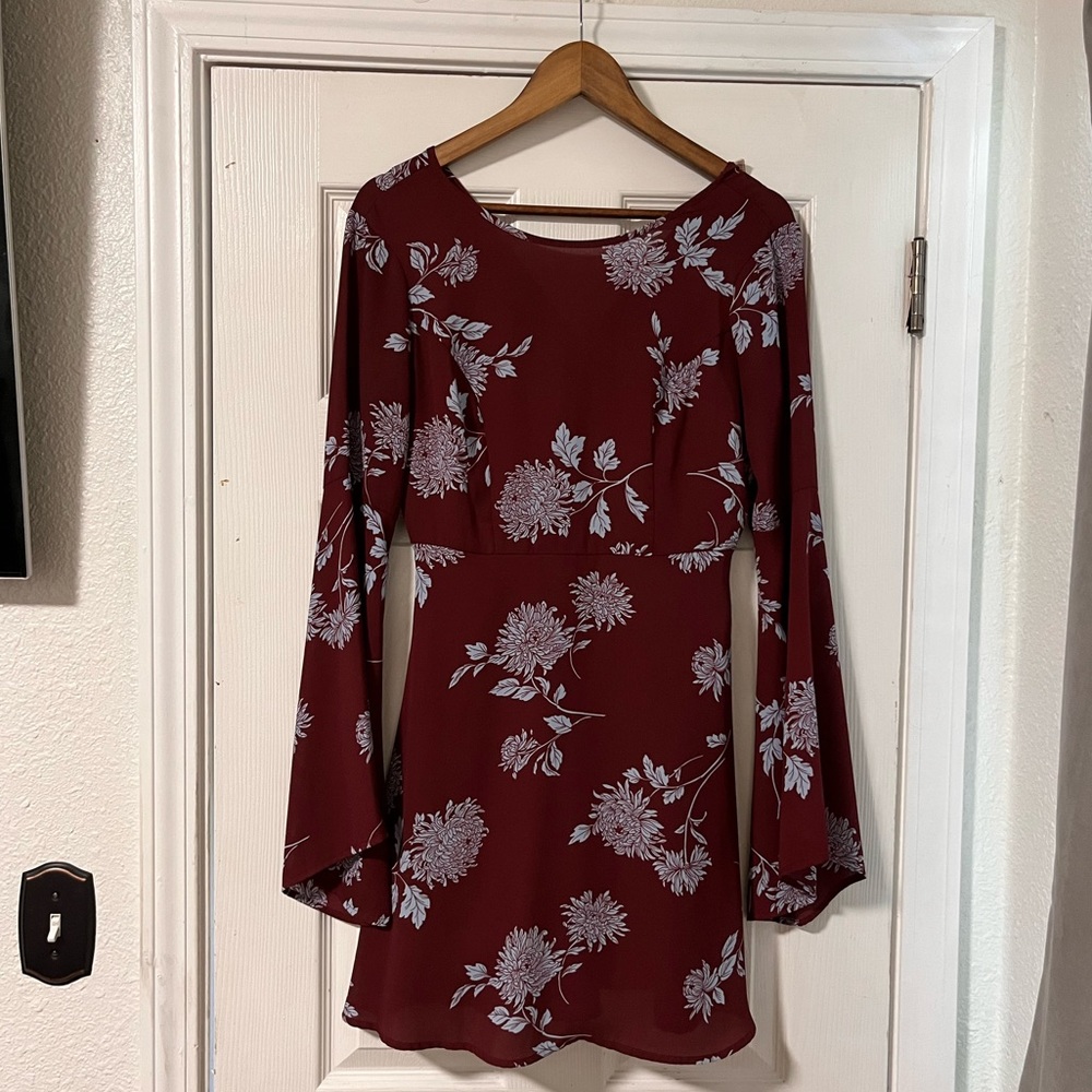 Floral Maroon and Light Blue Mini Dress - Size Small